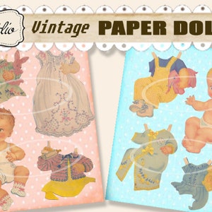 poupées en papier bébé vintage, découpes imprimables des années 1940, faveurs de fête numériques annonces de bébé invitations de bébé téléchargements imprimables, collage image 1