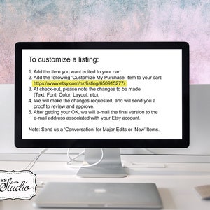 Puede incluir: Una pantalla de ordenador que muestra instrucciones sobre c&oacute;mo personalizar una lista en Etsy. El texto en la pantalla incluye un enlace a una lista espec&iacute;fica de Etsy: https://www.etsy.com/nz/listing/650915277/.