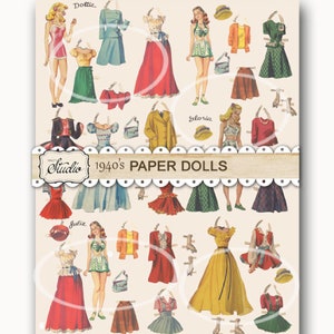 Pode incluir: Bonecas de papel vintage da d&eacute;cada de 1940 com diferentes roupas e acess&oacute;rios. As bonecas se chamam Dottie, Gloria e Julie.