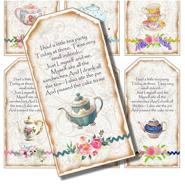 tea party tags, high tea poem tag, Printable gift tags, Tea party favor, Bridal shower tea, Tea for two, Digitals Instant Download, collage