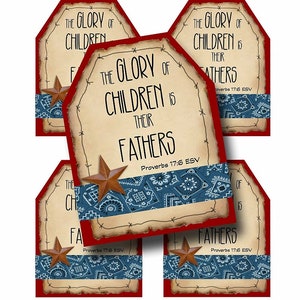 May include: Four rustic-style gift tags with a red border and a blue bandana pattern. The tags feature the text "The glory of children is their fathers" and the Bible verse "Proverbs 17:6 ESV".