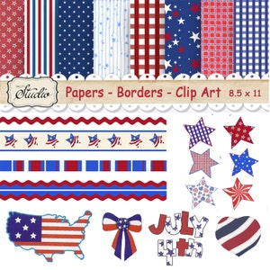 Carta per album di ritagli americana, clip art per album di ritagli USA, materiali per lavoretti del 4 luglio, download immediato, carta rossa e blu, giorno dell'indipendenza patriottica,
