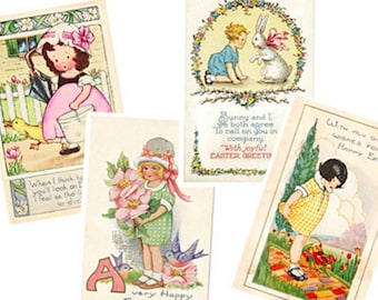 Printable Vintage Easter Cards Digital tags Instant Download Scrapbook Clip-art,  Easter Bunny Cards, Easter Basket gift Tags Rabbit, ducks