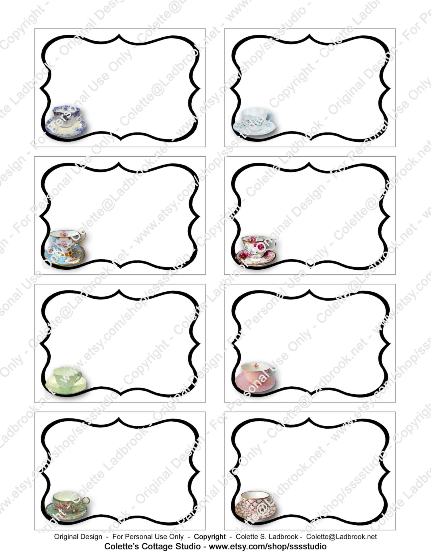 Tea Party Name Tags & Tent Cards 8 Vintage Tea Cups Digital Etsy