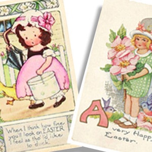 May include: Two vintage Easter cards featuring illustrations of girls. The first card shows a girl in a pink dress holding a bucket and walking with a duck. The text reads "When I think how fine you'll look on Easter I feel as tho I'd like to duck". The second card shows a girl in a green dress holding a bouquet of pink flowers. The text reads "A very Happy Easter."