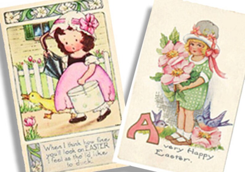May include: Two vintage Easter cards featuring illustrations of girls. The first card shows a girl in a pink dress holding a bucket and walking with a duck. The text reads "When I think how fine you'll look on Easter I feel as tho I'd like to duck". The second card shows a girl in a green dress holding a bouquet of pink flowers. The text reads "A very Happy Easter."
