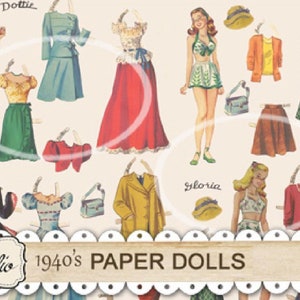 Pode incluir: Um conjunto de bonecas de papel da d&eacute;cada de 1940 com v&aacute;rias roupas e acess&oacute;rios. As bonecas est&atilde;o vestidas com roupas vintage, incluindo vestidos, saias, jaquetas e chap&eacute;us. O conjunto inclui duas bonecas, Dottie e Gloria, e uma variedade de op&ccedil;&otilde;es de roupas para cada uma.