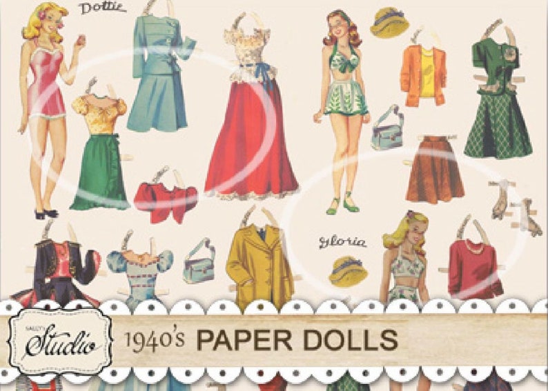 Pode incluir: Um conjunto de bonecas de papel da d&eacute;cada de 1940 com v&aacute;rias roupas e acess&oacute;rios. As bonecas est&atilde;o vestidas com roupas vintage, incluindo vestidos, saias, jaquetas e chap&eacute;us. O conjunto inclui duas bonecas, Dottie e Gloria, e uma variedade de op&ccedil;&otilde;es de roupas para cada uma.