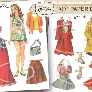 Vintage Paper Dolls Printable Cut-outs, Paper Doll Clip Art, Paper Doll with Outfits Roller Skates, 1940s Paper Dolls Digital Collage, Julie