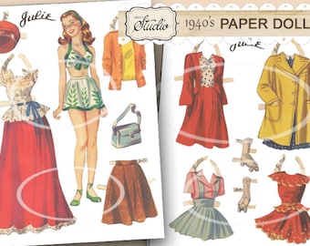 Vintage Paper Dolls Printable Cut-outs, Paper Doll with Outfits Roller Skates, 1940s Paper Dolls Digital Collage, Julie, junk journals