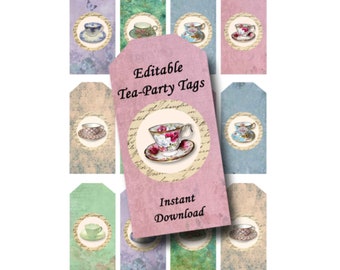 Tea Party Tags, Tea Party favors, Vintage Tea image, Digital Gift tags, vintage tea tags , instant download printable gfit tags editable