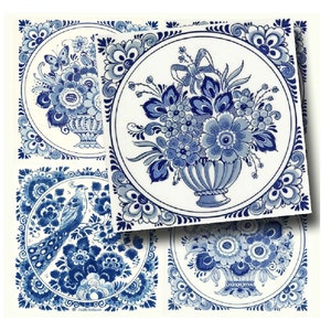 Posavasos florales, posavasos cuadrados digitales, juego de tarjetas imprimibles en azul de Delft, etiquetas imprimibles cuadradas de 4 y 2 pulgadas, collage de flores azules