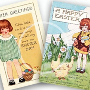 May include: Two vintage Easter greeting cards. The first card features a young girl in a green and white checkered dress holding a basket of Easter eggs. The text on the card reads "Easter Greetings" and "This little card is sent one way to tell my love on Easter Day". The second card features a young girl in a yellow and brown dress holding a plate of food. The text on the card reads "A Happy Easter".