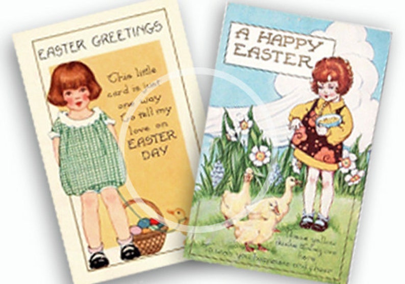 May include: Two vintage Easter greeting cards. The first card features a young girl in a green and white checkered dress holding a basket of Easter eggs. The text on the card reads "Easter Greetings" and "This little card is sent one way to tell my love on Easter Day". The second card features a young girl in a yellow and brown dress holding a plate of food. The text on the card reads "A Happy Easter".
