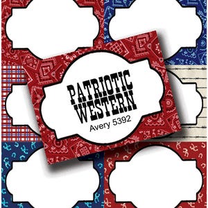 Zes patriottische westernlabels, bewerkbare digitale download, afdrukbare cowboyvoedsellabels, feestlabels Avery 5392, rode en blauwe naamkaartjes
