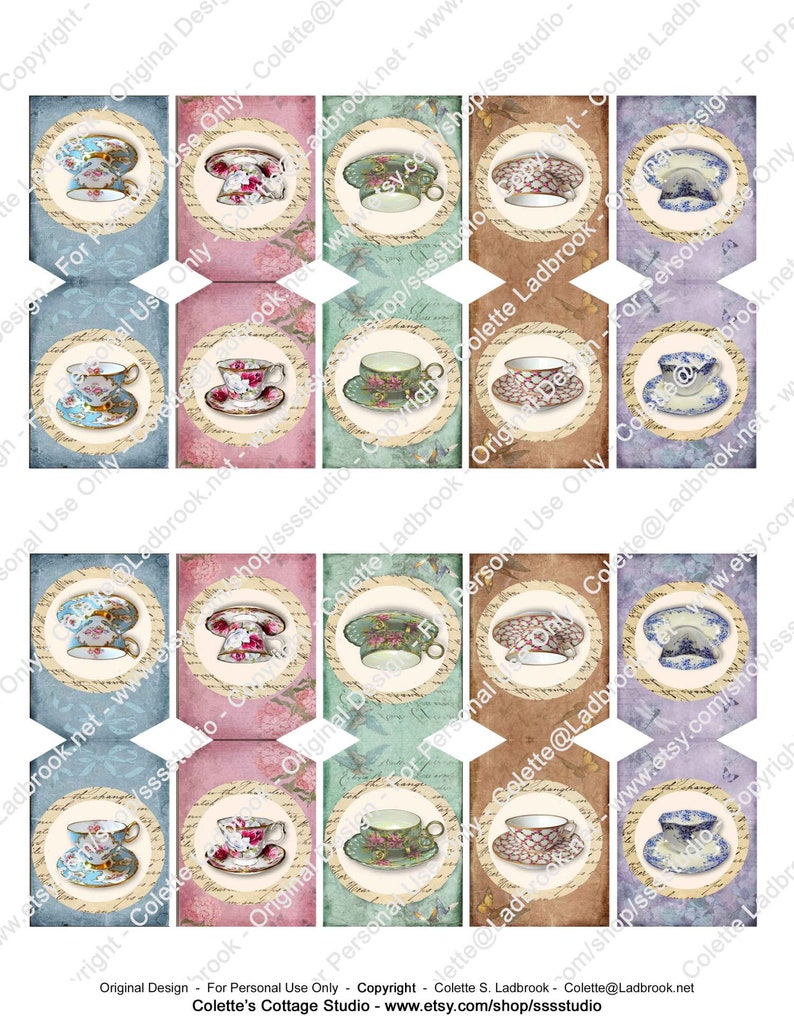 Tea Bag Tags, Vintage Party Favors, Digital Download, Printable Gift Tags, Tea printables, Tea Party Tags, Colorful Tea Cups, Teabag Tags image 3