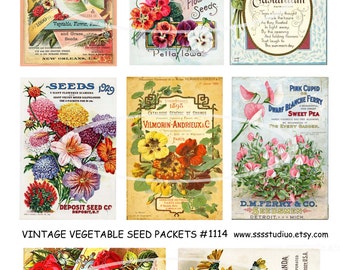 Vintage Flower Seed Packets Digital Flower Tags, Spring Labels, Mixed Media, Digital Collage Download, craft supplies printable cards