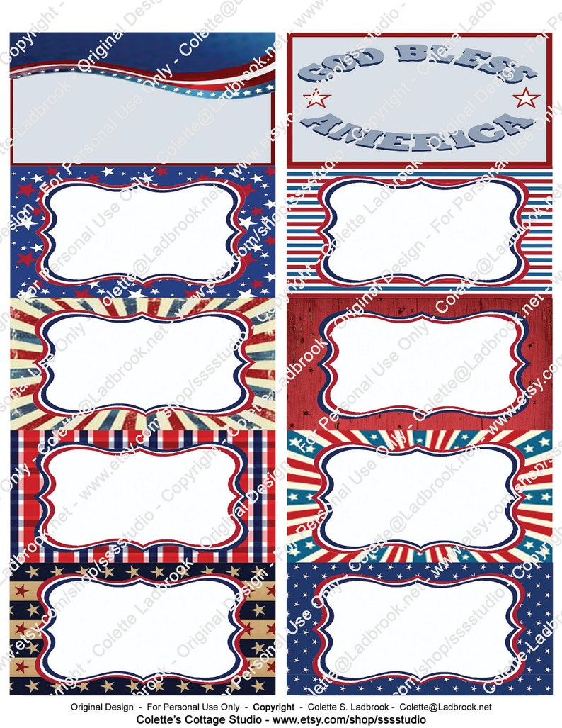 Patriotic Name Tags 4th of July tags Patriotic labels Instant Download Printable Labels, Red White and Blue, Military name tags, picnic image 4