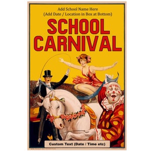 Affiche de carnaval d'école, le nom de votre école, affiche de cirque personnalisée, thème du cirque, clown, décoration de carnaval personnalisée, cirque à imprimer pour un événement scolaire image 1