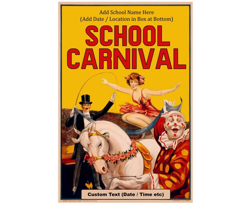 Affiche de carnaval d'école, le nom de votre école, affiche de cirque personnalisée, thème du cirque, clown, décoration de carnaval personnalisée, cirque à imprimer pour un événement scolaire image 1