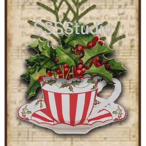 Christmas Tea Bookmarks, Tea cup Tags, Digital Tea Party Favor, Tea Gift Enclosure, Digital Printable, Christmas Tea Party supplies, Red bow image 6