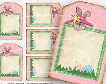 Easter Rabbit Tags Digital Easter Basket Tags, Instant Download Easter Bunny Tags, Scrapbook clipart, Pink rabbit Decor, craft supplies