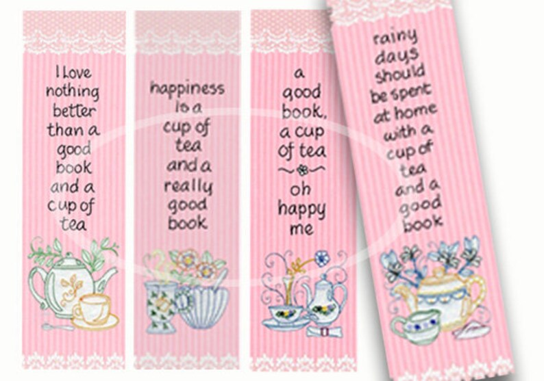 Tea Party Bookmarks Digital Tea Party Favor, Pink Bookmarks, DIY Bookmark, craft supplies, Pink shower favor, tea cups, digital download image 2