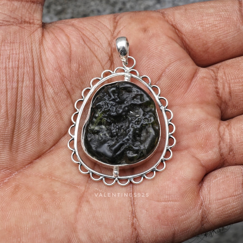 Certified Authentic Moldavite Pendant, Raw Czech Tektite, Sterling ...