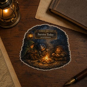 May include: A die-cut sticker featuring an illustration of three fantasy characters sitting around a campfire in a dark forest. Above them, a sign reads CURRENT OBJECTIVE Survive Today rest recommended. The sticker has a white border.