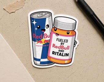 Pegatina divertida sobre TDAH: "Impulsado por RedBull y Ritalin" - Humor sobre cafeína y caos