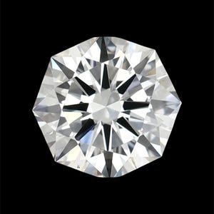 May include: A colorless, transparent, faceted gemstone with a heptagonal shape. The stone features a complex arrangement of triangular and kite-shaped facets that create a brilliant, reflective surface with sharp, dark internal light refractions.
