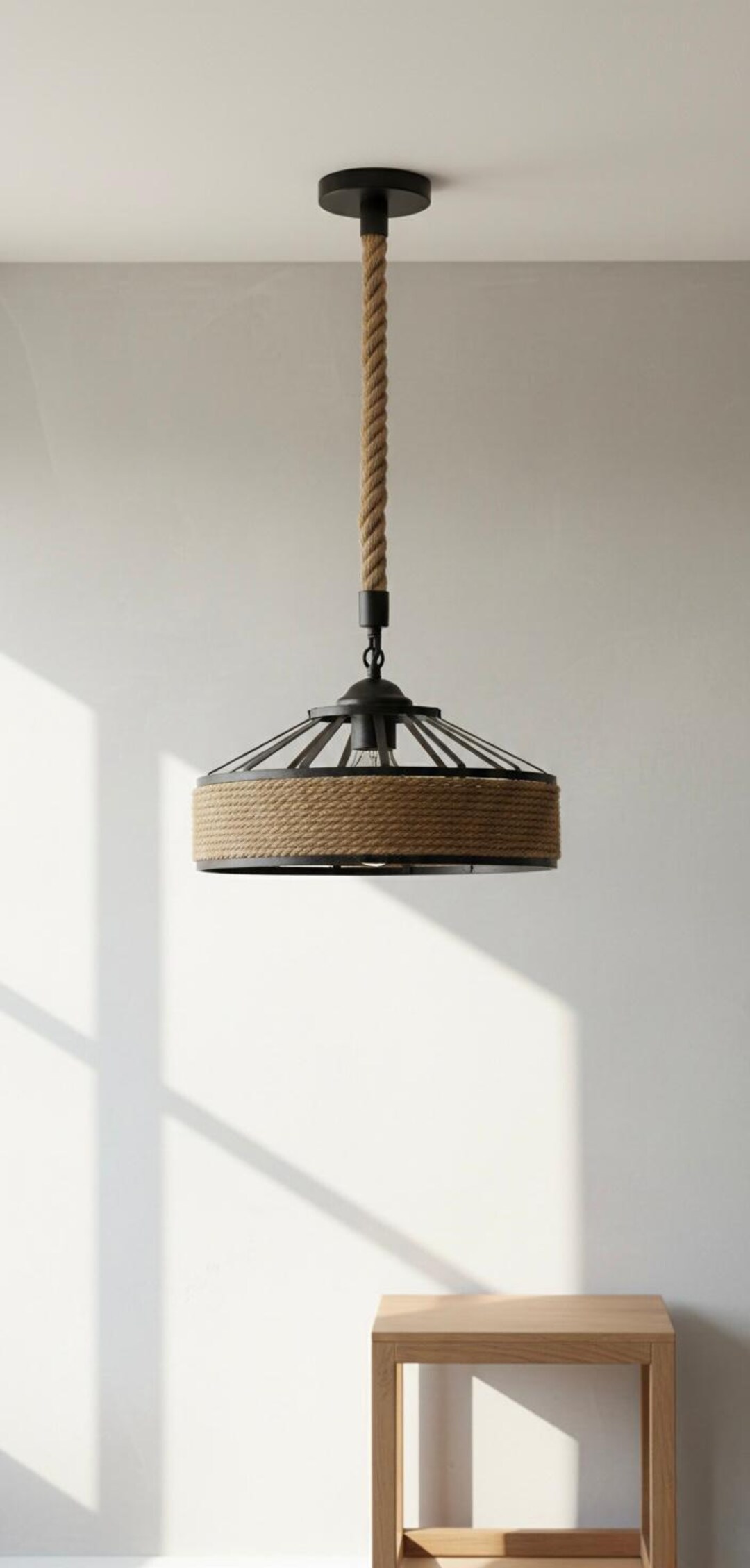 Rustic Rope Central Light Handmade Rope Pendant Light, Wooden Industrial Hanging Lamp, Rustic ...