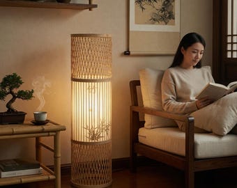 Lámpara de pie cilíndrica de bambú de 68,5 cm | Lámpara de pie de columna de ratán tejido estilo boho | Iluminación para sala de estar estilo zen japonés | Decoración natural | Regalo único