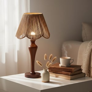 Boho Table Lamp | Woven Rope Shade Lamp | Natural Wood Base | Rustic Bedside Light | Bohemian Home Decor | Unique Living Room Lamp