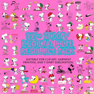 Puede incluir: Un fondo rosa presenta numerosas ilustraciones del personaje Snoopy en varias poses y atuendos. El texto dice "999+ Snoopy Digital File & Resource Pack" y "Suitable for clip art, garment printing, and t-shirt sublimation."