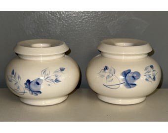 Homco Home Interiors USA Ceramic Taper Candle Holders Blue Roses White Vintage