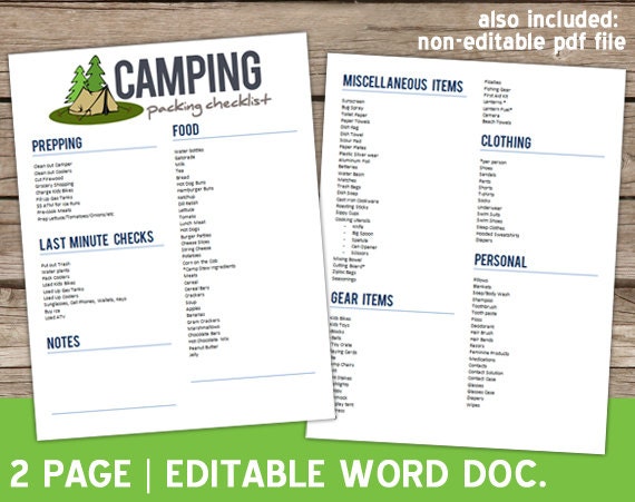 EDITABLE Camping Checklist for Summer Word Document