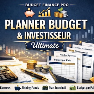 Puede incluir: Gráfico de planificación financiera con el texto "PLANNER BUDGET & INVESTISSEUR Ultimate". La imagen incluye una calculadora, gafas, bolígrafos, monedas y documentos financieros. También se ven una hucha y gráficos.
