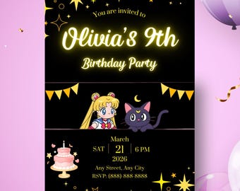 Sailor Moon Inspired Birthday Invitation, Anime invite with Stars and Cake (Digital Download)