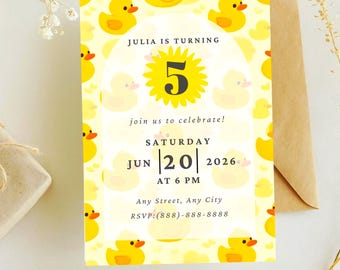 Little Yellow Duck Birthday Invitation Template, Digital Easy to Edit