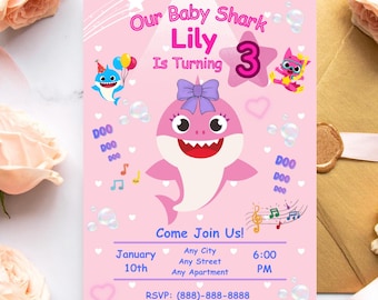 Pink Baby Shark Birthday Invite, Digital Easy to Edit