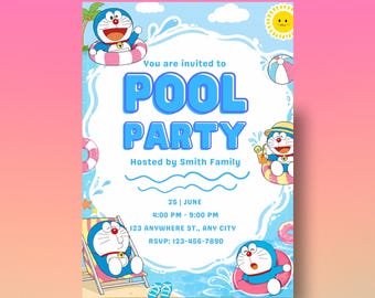 Doraemon Pool Party Invitation Template, Summer Tropical Vibe, Digital Easy to Edit