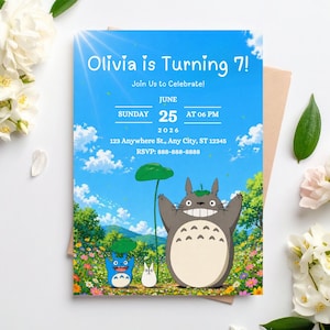 May include: A blue invitation card with the text "Olivia is Turning 7!" against a sky and cloud background, featuring cartoon characters. The card includes event details: June 25, 2026, at 6 PM, and an RSVP number.