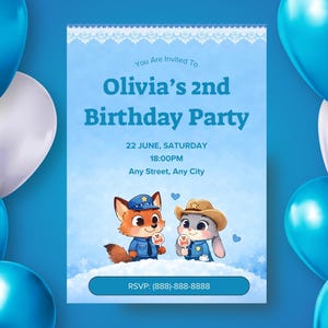 May include: A blue birthday party invitation with the text "Olivia's 2nd Birthday Party". The invitation features cartoon fox and bunny characters, surrounded by blue and white balloons. The RSVP phone number is included.