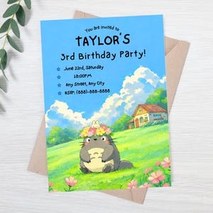 Totoro-geïnspireerde Studio Ghibli Floral Grassland Spring Vibe verjaardagsuitnodiging sjabloon, digitaal, gemakkelijk te bewerken