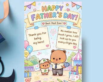 Father's Day Greeting Card with Bubu Dudu Theme, Father with Kid Printable Dad Greeting Note, Digital Easy to Edit