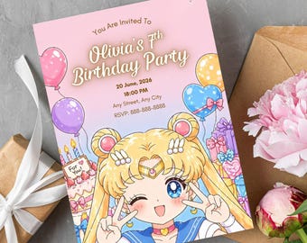Plantilla de invitación de cumpleaños inspirada en Sailor Moon, digital y fácil de editar, ideal para una chica guapa.