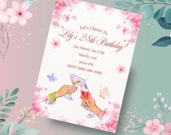 Cheers Birthday Invitation Template, Floral Birthday Drinks Celebration, Digital Easy to Edit