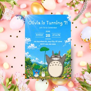 May include: A birthday invitation with a blue sky background featuring a cartoon character. The invitation reads "Olivia is Turning 7!" with the date, time, and RSVP information. The invitation is surrounded by decorated Easter eggs and flowers.