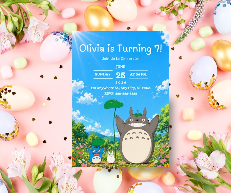 May include: A birthday invitation with a blue sky background featuring a cartoon character. The invitation reads "Olivia is Turning 7!" with the date, time, and RSVP information. The invitation is surrounded by decorated Easter eggs and flowers.